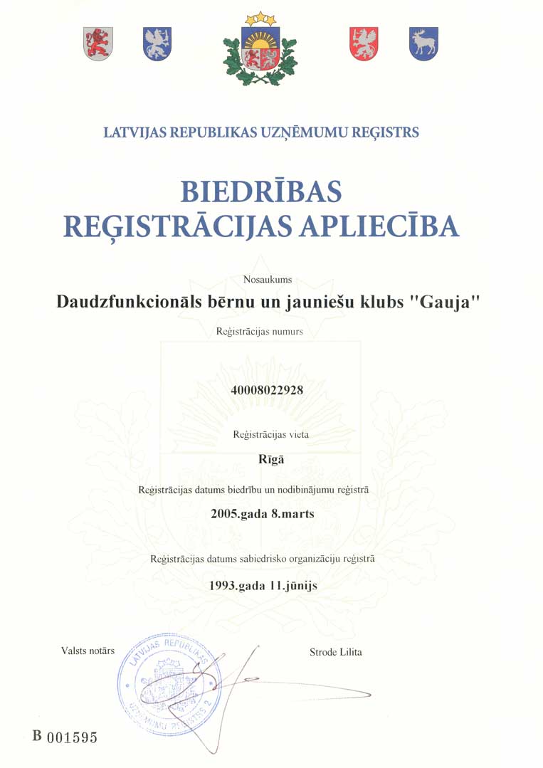 bjk 'gauja' reģistrācijas apliecība 2005
