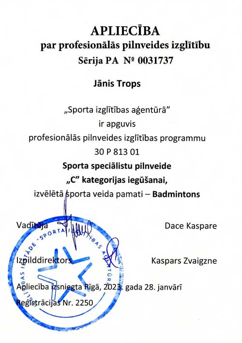 sporta izglītības aģentūra badmintons jānis trops
