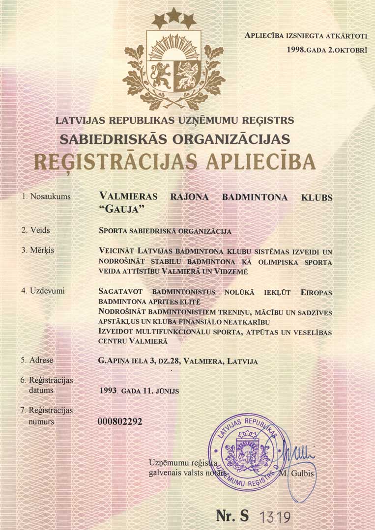 bjk 'gauja' reģistrācijas apliecība 1993